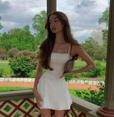 Chiffon Spaghetti-Strap White A-Line Homecoming Dress with Bra